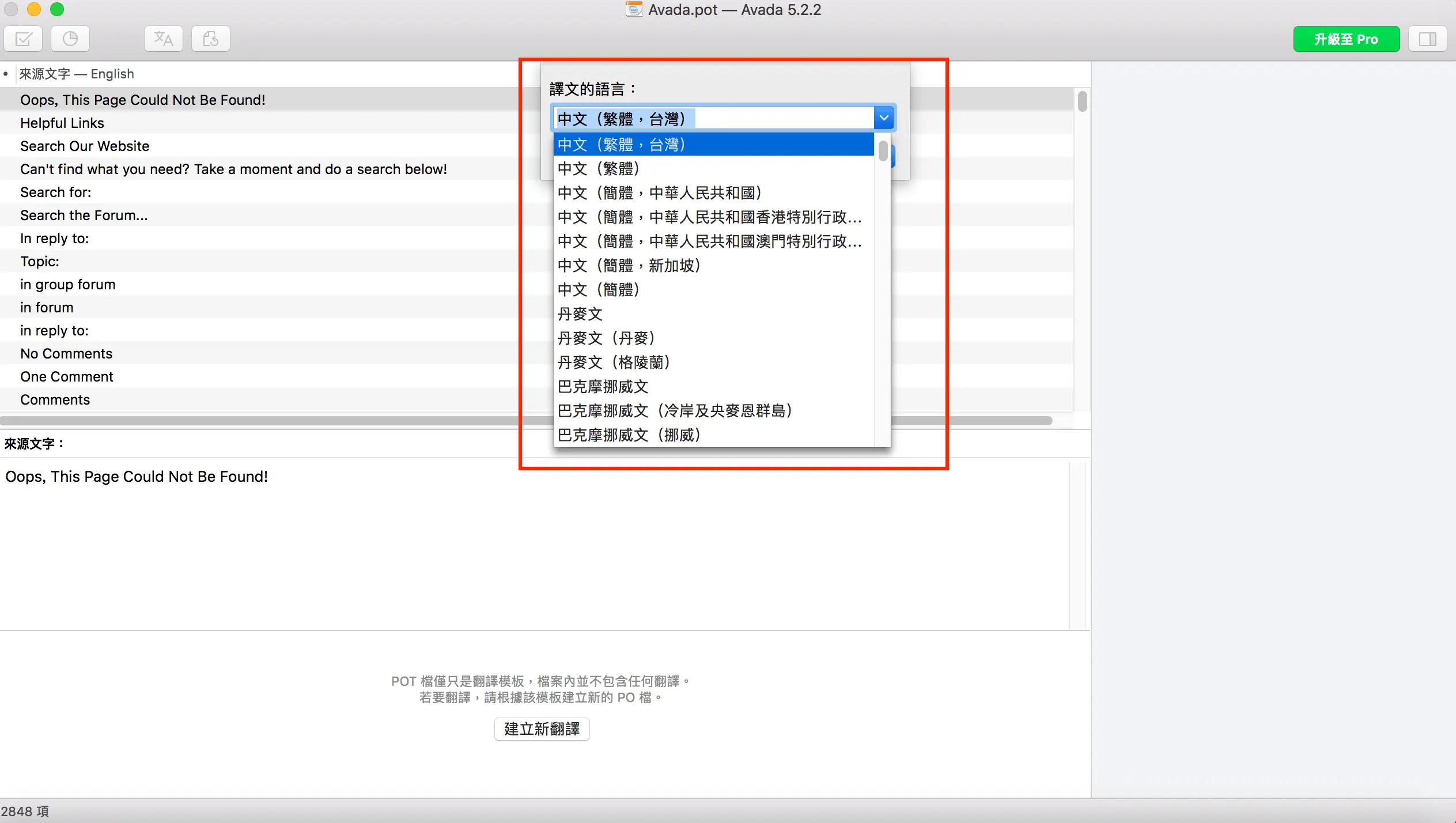 Poedit 教學:WordPress 主題與外掛中文翻譯步驟(2026) 16 Poedit 譯文語言下拉清單,列出各種中文語系,最上方是中文(繁體,台灣)