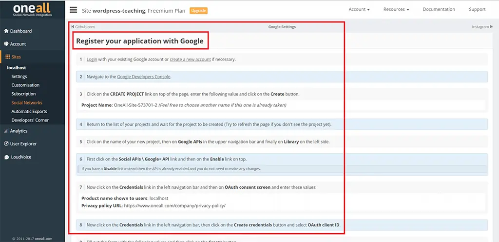WordPress 社群登入教學:Social Login 外掛串接 Google 帳號 16 OneAll 的 Google 設定說明頁,列出 Google 端需要填寫的資料