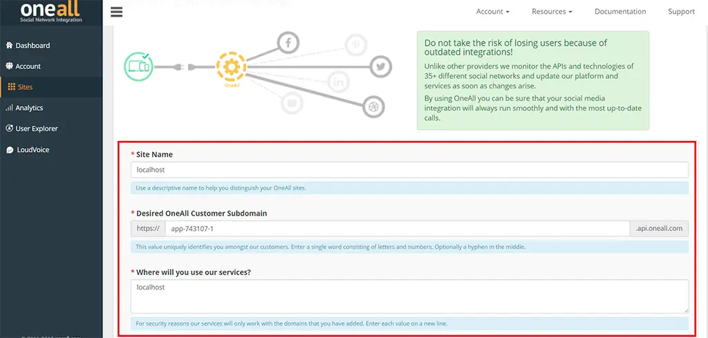 WordPress 社群登入教學:Social Login 外掛串接 Google 帳號 11 OneAll 建立網站時填寫 Site Name、Subdomain 與網域