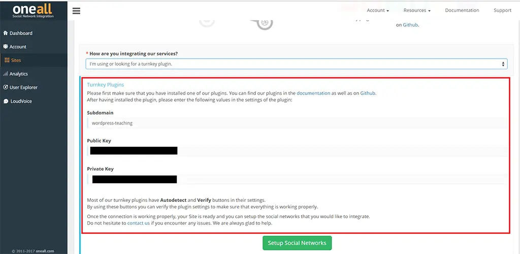 WordPress 社群登入教學:Social Login 外掛串接 Google 帳號 13 OneAll 選擇使用現成外掛整合,並顯示 Subdomain、Public Key、Private Key
