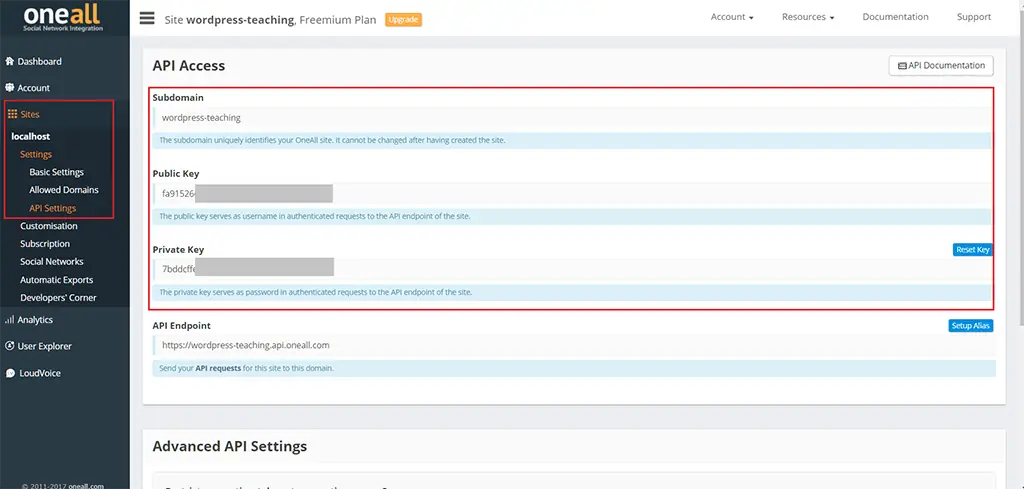 WordPress 社群登入教學:Social Login 外掛串接 Google 帳號 14 OneAll 後台帳戶頁面可再次查詢 API 金鑰