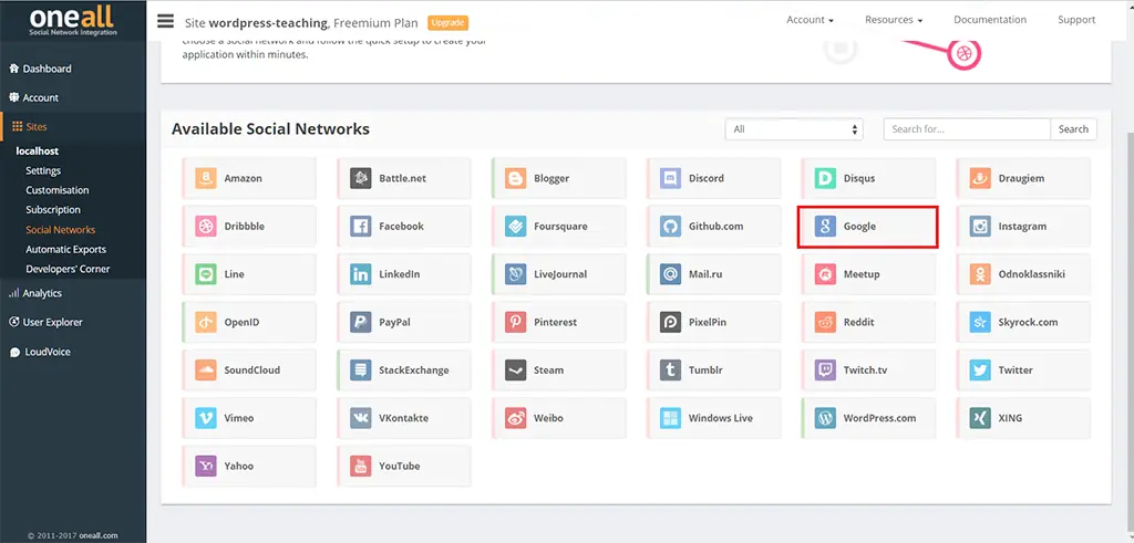 WordPress 社群登入教學:Social Login 外掛串接 Google 帳號 15 OneAll 後台列出可連結的社群平台圖示
