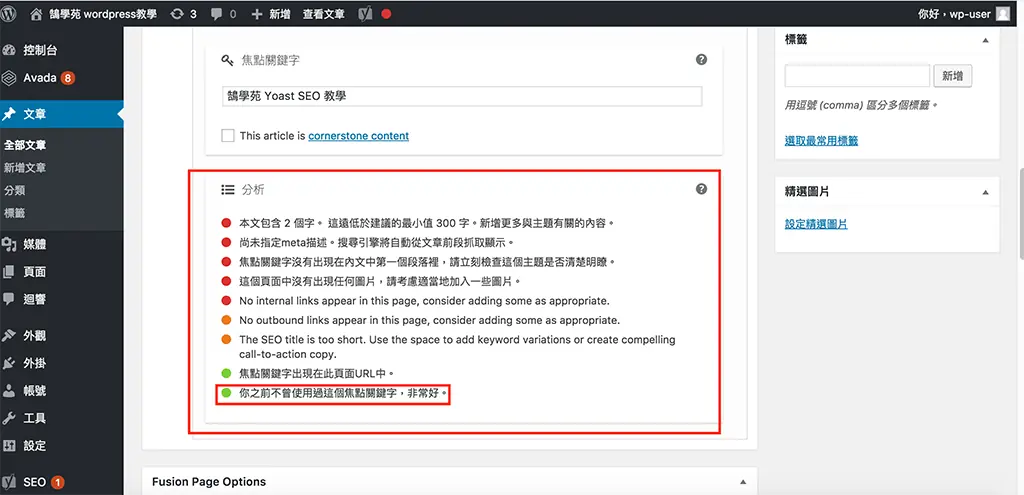 Yoast SEO 教學:WordPress 文章 SEO 設定,焦點關鍵詞亮綠燈步驟 11 輸入焦點關鍵字後 Yoast SEO 的 SEO 分析清單,部分項目亮紅燈