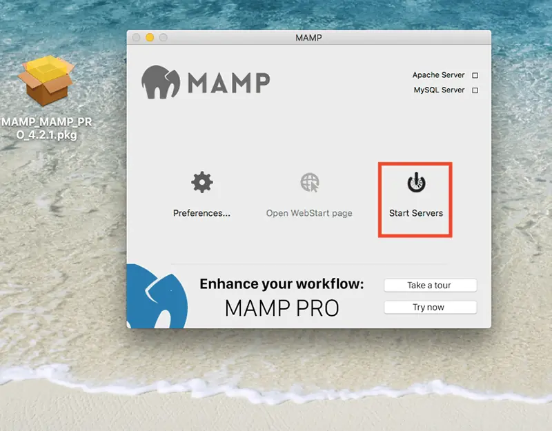 WordPress 下載與安裝教學:用 MAMP 在 Mac 架設本機網站 12 MAMP 主視窗,紅框標示 Start Servers 按鈕,右上角伺服器燈號尚未亮起