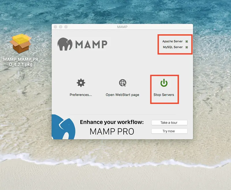 WordPress 下載與安裝教學:用 MAMP 在 Mac 架設本機網站 13 伺服器啟動後,按鈕變成 Stop Servers,右上角 Apache Server 與 MySQL Server 燈號亮起