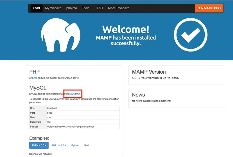 WordPress 下載與安裝教學:用 MAMP 在 Mac 架設本機網站 14 MAMP 歡迎頁顯示安裝成功,MySQL 區塊列出主機 localhost、連接埠 8889、使用者 root,並以紅框標示 phpMyAdmin 連結