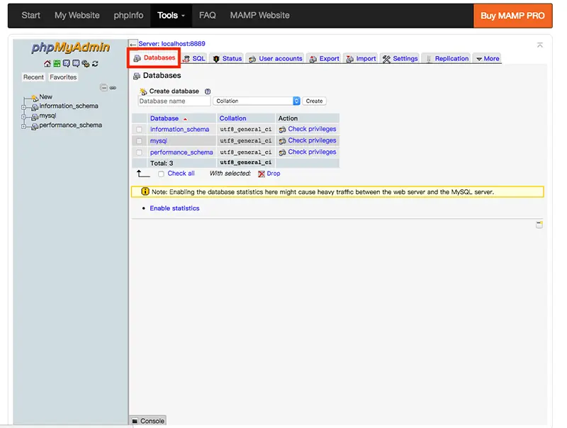 WordPress 下載與安裝教學:用 MAMP 在 Mac 架設本機網站 15 phpMyAdmin 畫面,紅框標示上方的 Databases 分頁