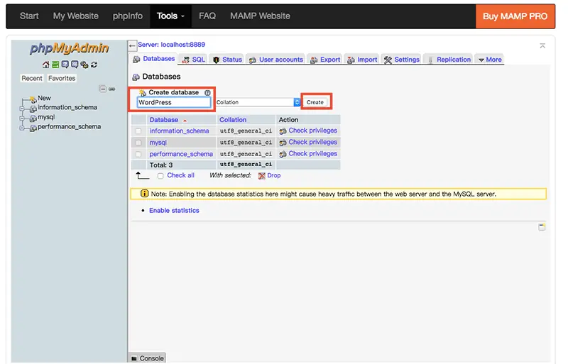 WordPress 下載與安裝教學:用 MAMP 在 Mac 架設本機網站 16 phpMyAdmin 的 Create database 欄位輸入 WordPress,紅框標示 Create 按鈕