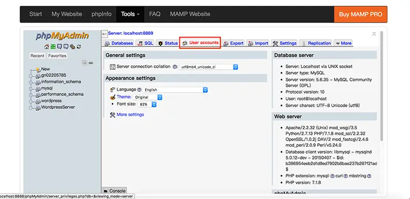WordPress 下載與安裝教學:用 MAMP 在 Mac 架設本機網站 18 phpMyAdmin 的 Settings 分頁畫面,紅框標示上方 User accounts 分頁位置