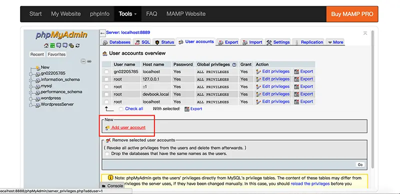 WordPress 下載與安裝教學:用 MAMP 在 Mac 架設本機網站 17 phpMyAdmin 的 User accounts 分頁,紅框標示 Add user account 連結