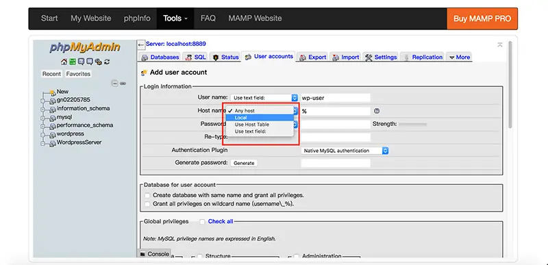 WordPress 下載與安裝教學:用 MAMP 在 Mac 架設本機網站 20 Add user account 表單的 Host name 下拉選單,選擇 Local
