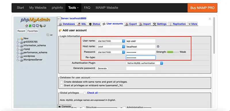 WordPress 下載與安裝教學:用 MAMP 在 Mac 架設本機網站 22 Add user account 表單,密碼與 Re-type 確認密碼都已輸入