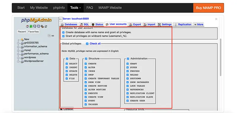 WordPress 下載與安裝教學:用 MAMP 在 Mac 架設本機網站 23 Add user account 表單的權限區,Data、Structure、Administration 權限全部勾選