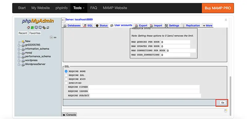 WordPress 下載與安裝教學:用 MAMP 在 Mac 架設本機網站 24 Add user account 表單最下方,紅框標示 Go 按鈕
