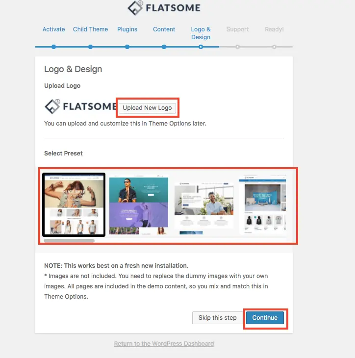 Flatsome 主題教學:WooCommerce 購物網站主題特色、價格與安裝設定 20 設定精靈中上傳 Logo 並選擇首頁範例版型