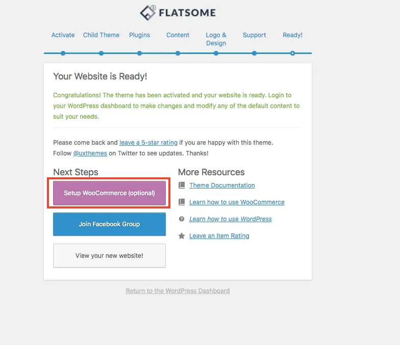 Flatsome 主題教學:WooCommerce 購物網站主題特色、價格與安裝設定 22 設定精靈完成畫面,可前往 WooCommerce 設定或檢視網站