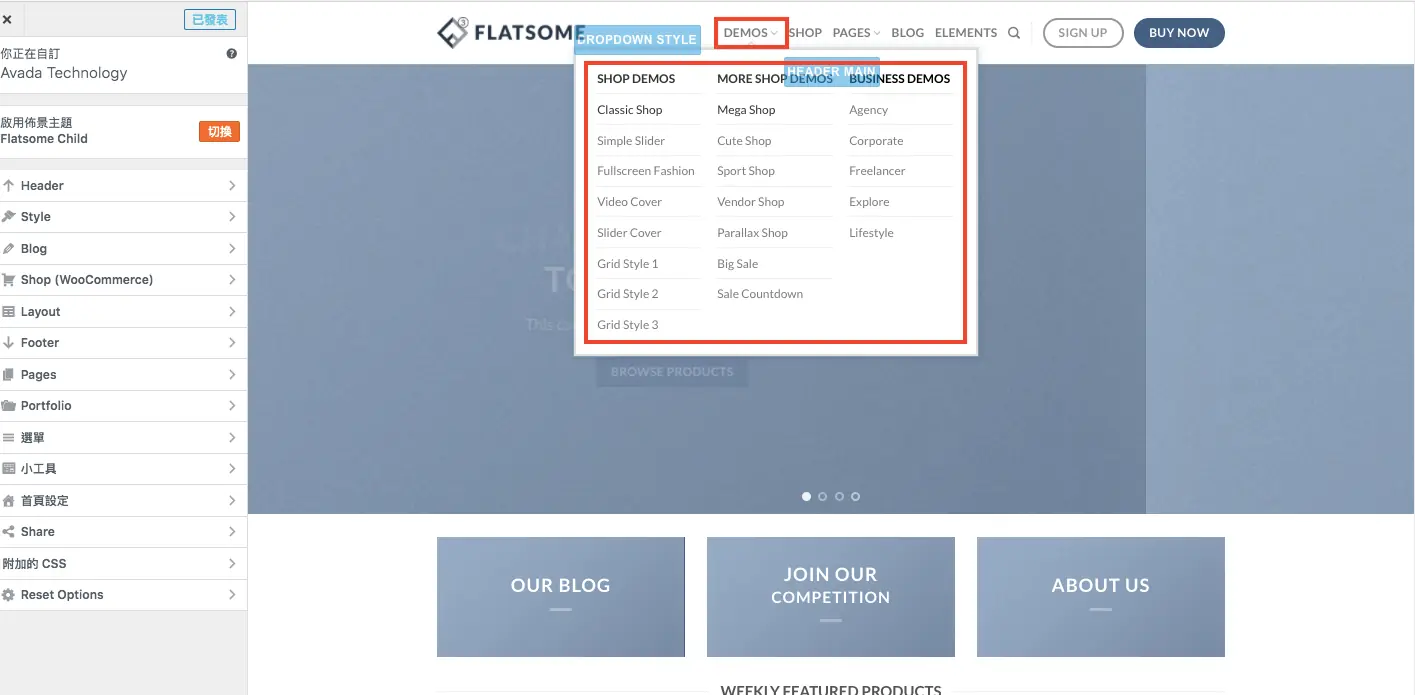 Flatsome 主題教學:WooCommerce 購物網站主題特色、價格與安裝設定 25 Flatsome 主題選項的自訂畫面,左側設定右側即時預覽