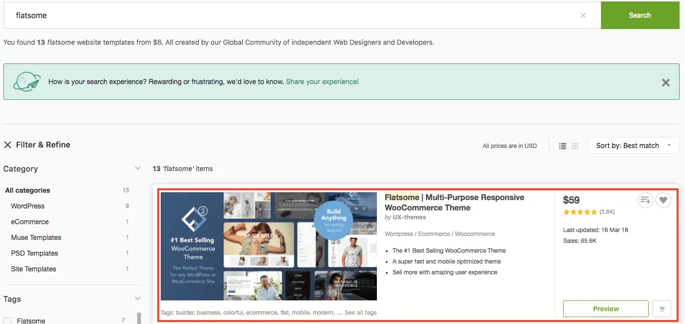 Flatsome 主題教學:WooCommerce 購物網站主題特色、價格與安裝設定 3 ThemeForest 搜尋結果中的 Flatsome 主題