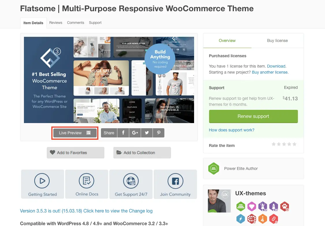 Flatsome 主題教學:WooCommerce 購物網站主題特色、價格與安裝設定 4 Flatsome 介紹頁的 Live Preview 按鈕