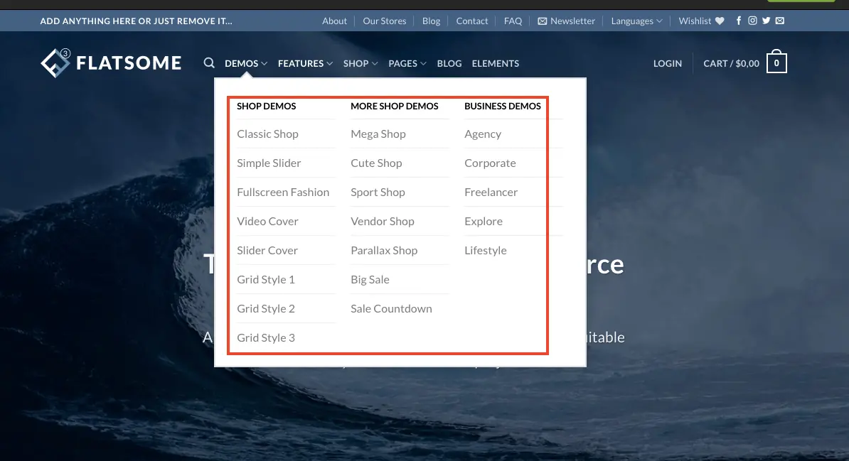 Flatsome 主題教學:WooCommerce 購物網站主題特色、價格與安裝設定 5 Flatsome 範例網站的 Demo 選單,列出不同風格的商店首頁