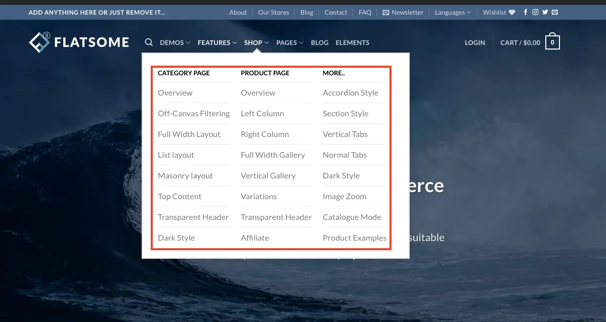 Flatsome 主題教學:WooCommerce 購物網站主題特色、價格與安裝設定 6 Flatsome 範例網站的商店頁,可檢視商品列表與佈局效果