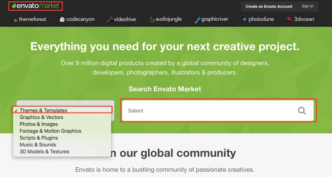Salient WordPress 主題教學:特色、購買授權與匯入示範網站步驟 1 在 Envato Market 的 ThemeForest 搜尋 Salient 佈景主題(2018 年畫面)