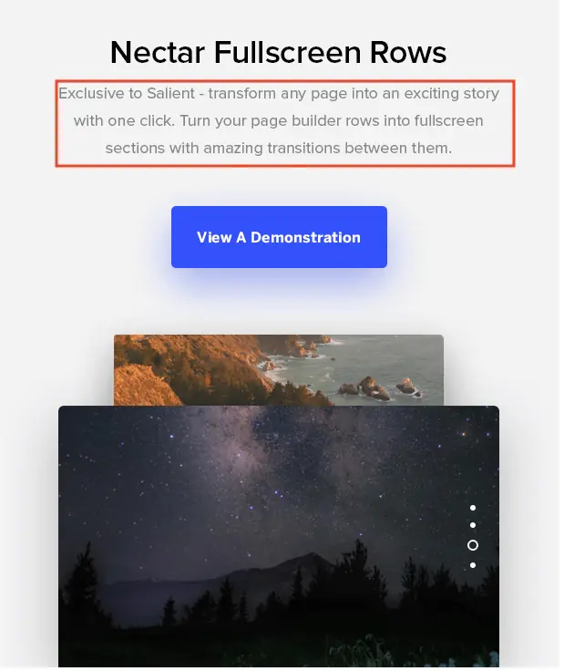 Salient WordPress 主題教學:特色、購買授權與匯入示範網站步驟 13 Salient 官方介紹的全螢幕區塊與頁面連貫性特色(2018 年畫面)