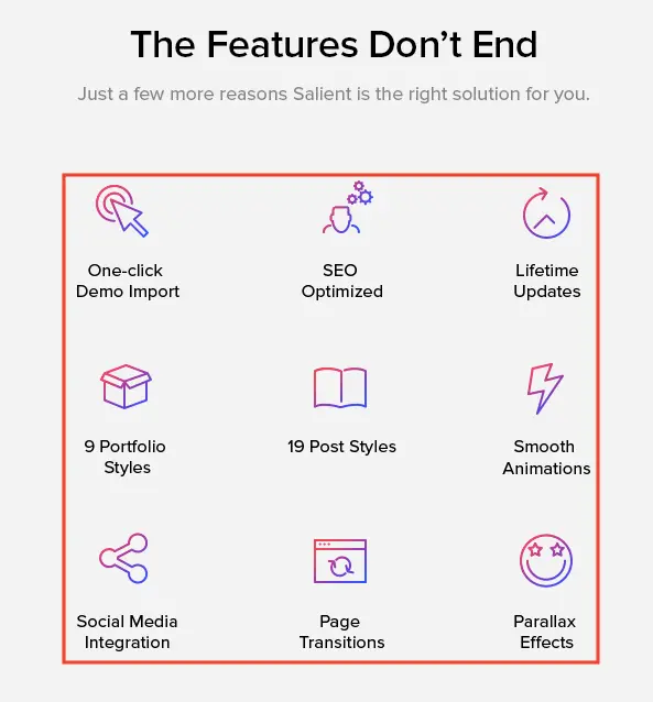 Salient WordPress 主題教學:特色、購買授權與匯入示範網站步驟 15 Salient 特色功能列表,包含一鍵匯入範例網站、作品集樣式與視差效果(2018 年畫面)