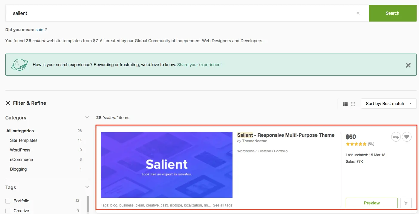 Salient WordPress 主題教學:特色、購買授權與匯入示範網站步驟 2 ThemeForest 搜尋結果中的 Salient 主題(2018 年畫面)
