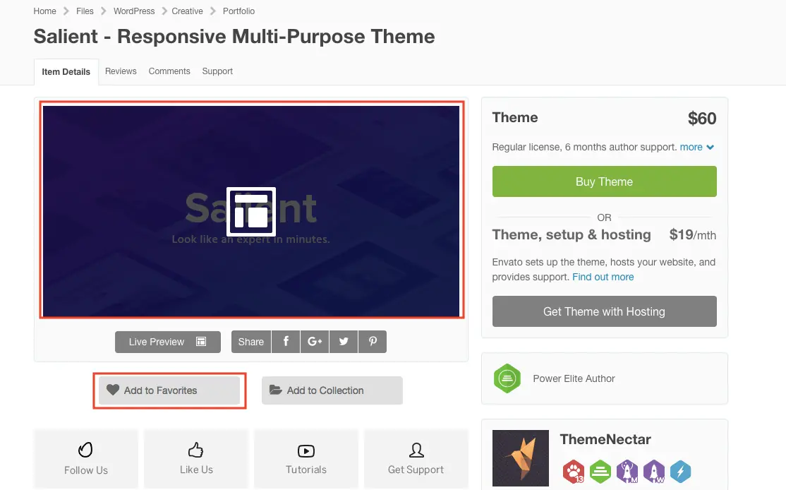 Salient WordPress 主題教學:特色、購買授權與匯入示範網站步驟 3 ThemeForest 上 Salient 主題的價格與 Live Preview 按鈕(2018 年畫面,價格與方案以現況為準)