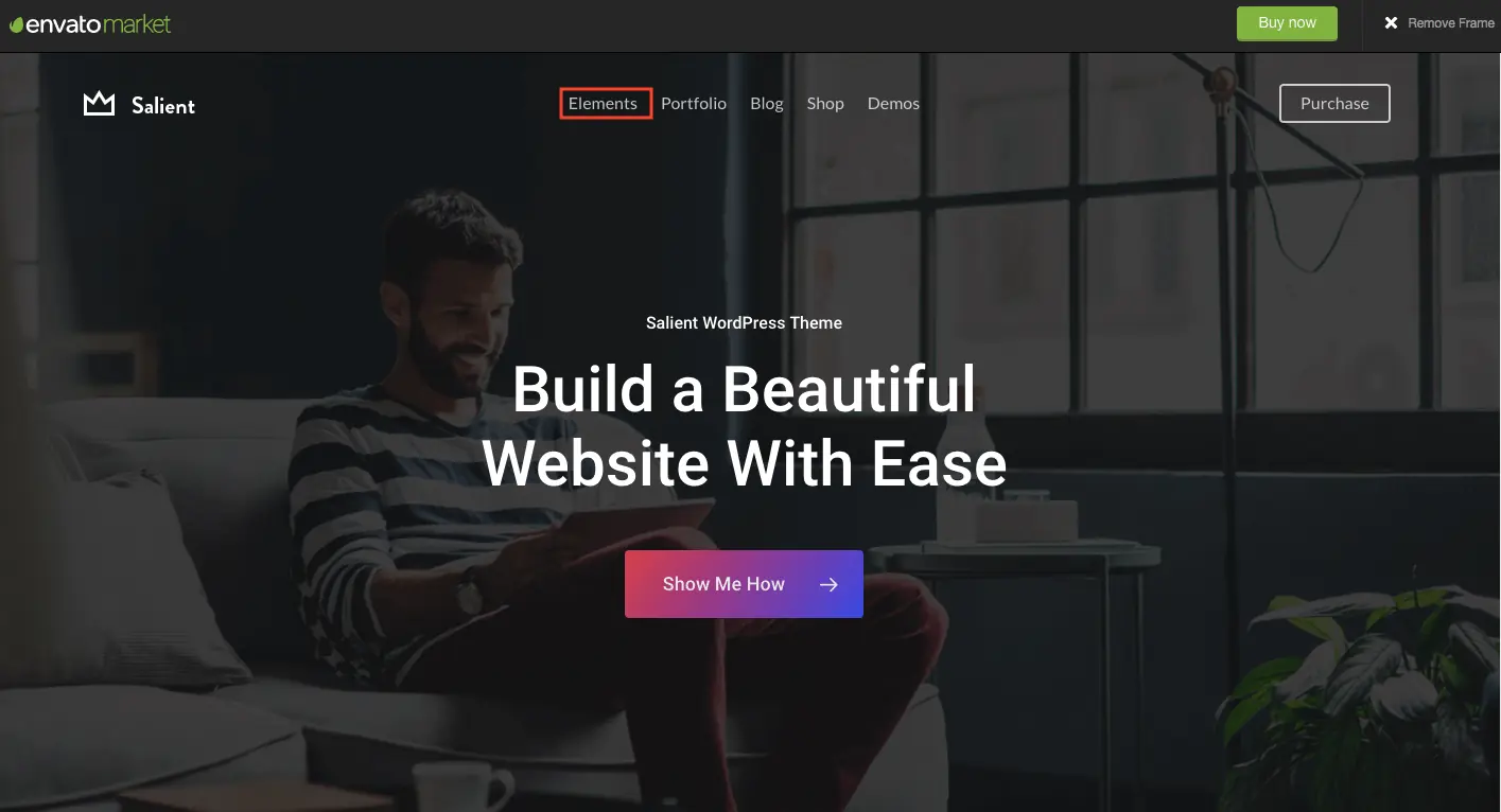 Salient WordPress 主題教學:特色、購買授權與匯入示範網站步驟 4 Salient 示範網站上方的頁面類型選單與 Elements 選項(2018 年畫面)