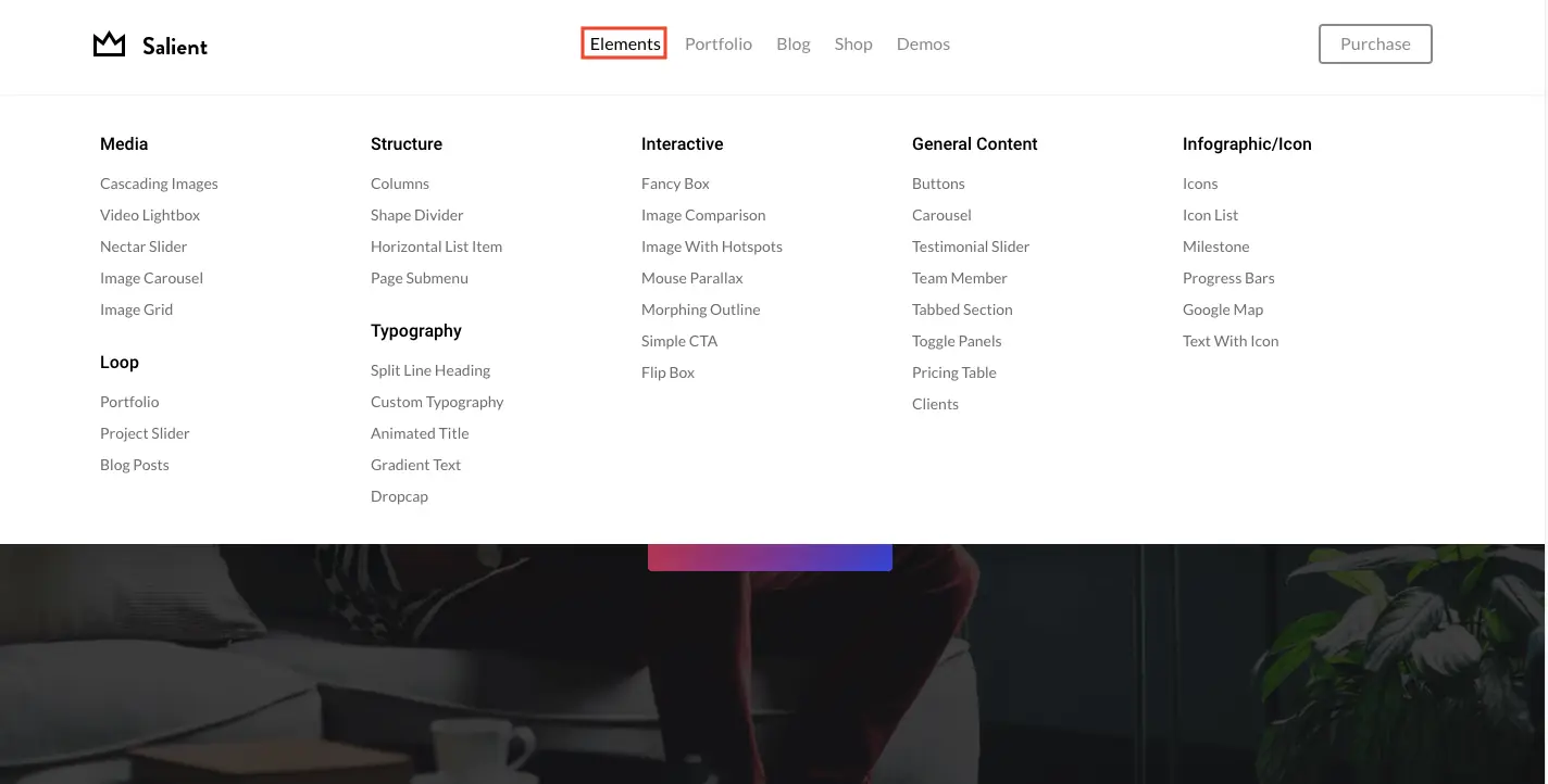 Salient WordPress 主題教學:特色、購買授權與匯入示範網站步驟 5 Salient 頁面元素範例的分類清單(2018 年畫面)