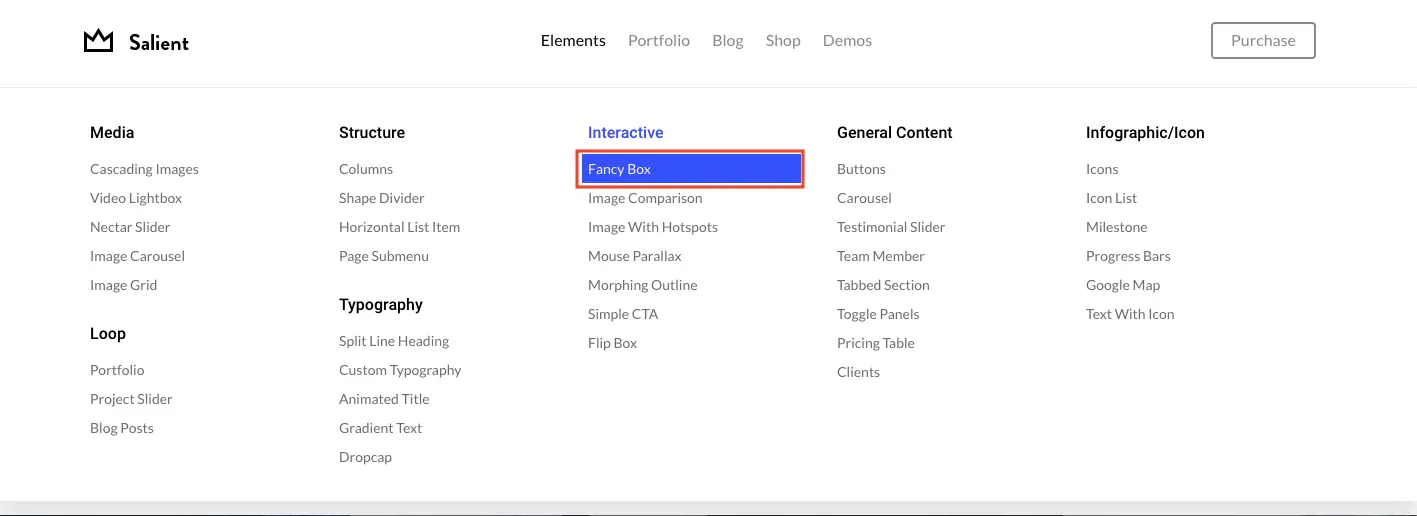 Salient WordPress 主題教學:特色、購買授權與匯入示範網站步驟 6 在 Salient 的 Interactive 分類中選擇 Fancy Box 元素(2018 年畫面)