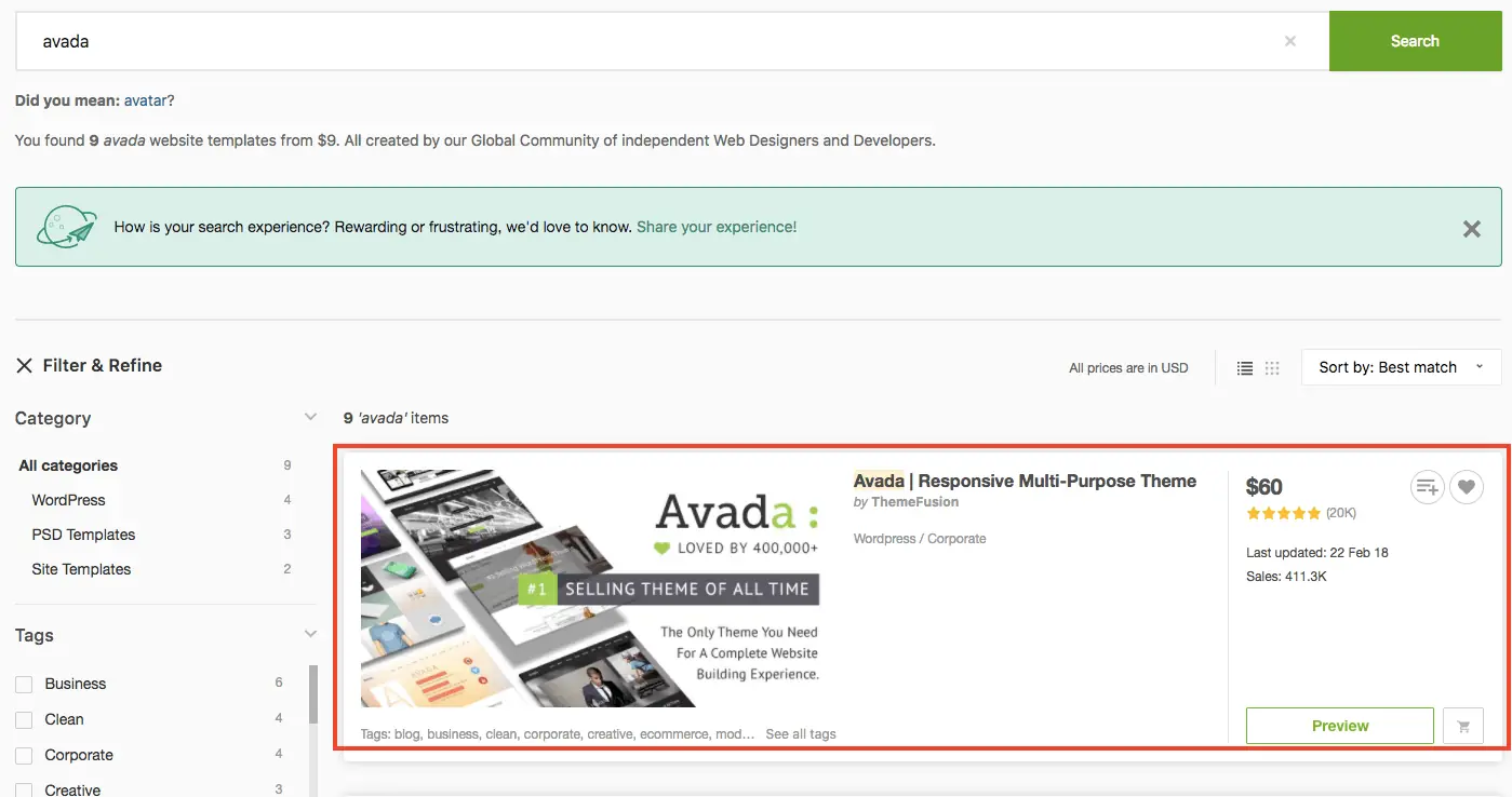 Avada 主題教學:WordPress 最暢銷主題的特色、價格與預建網站匯入步驟 2 ThemeForest 搜尋 Avada 的結果頁,點選主題進入介紹頁
