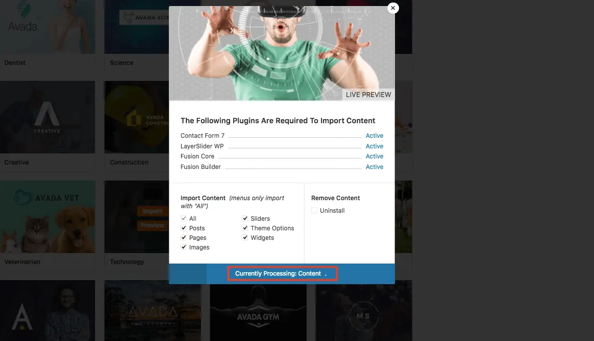 Avada 主題教學:WordPress 最暢銷主題的特色、價格與預建網站匯入步驟 20 預建網站匯入進行中的進度畫面