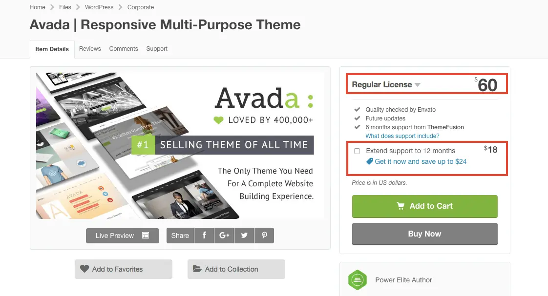 Avada 主題教學:WordPress 最暢銷主題的特色、價格與預建網站匯入步驟 3 早期 ThemeForest 的 Avada 購買區塊,可選擇是否加購延長支援