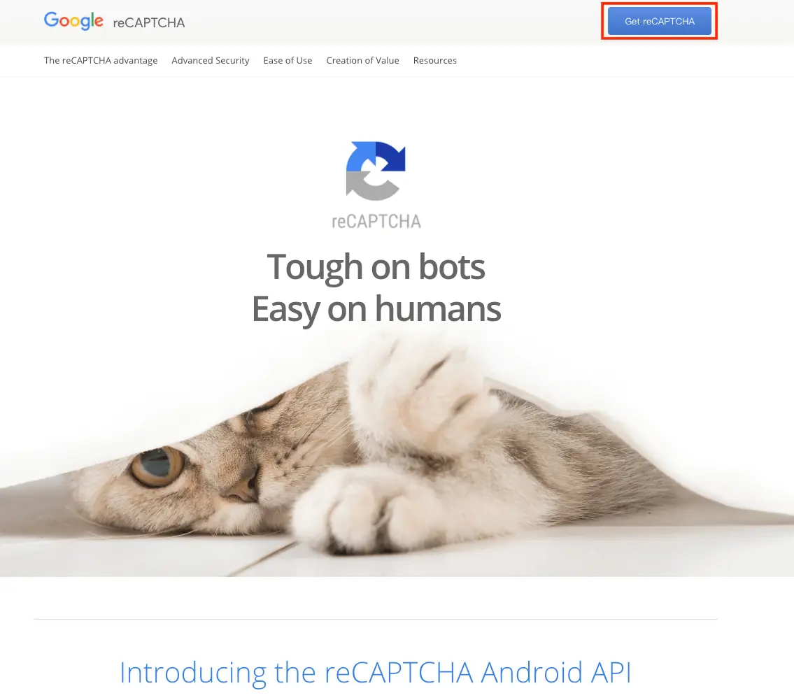 Google reCAPTCHA 教學:申請金鑰、設定 Contact Form 7 驗證 2 舊版 Google reCAPTCHA 介紹頁,右上角是申請入口(2018 年畫面)
