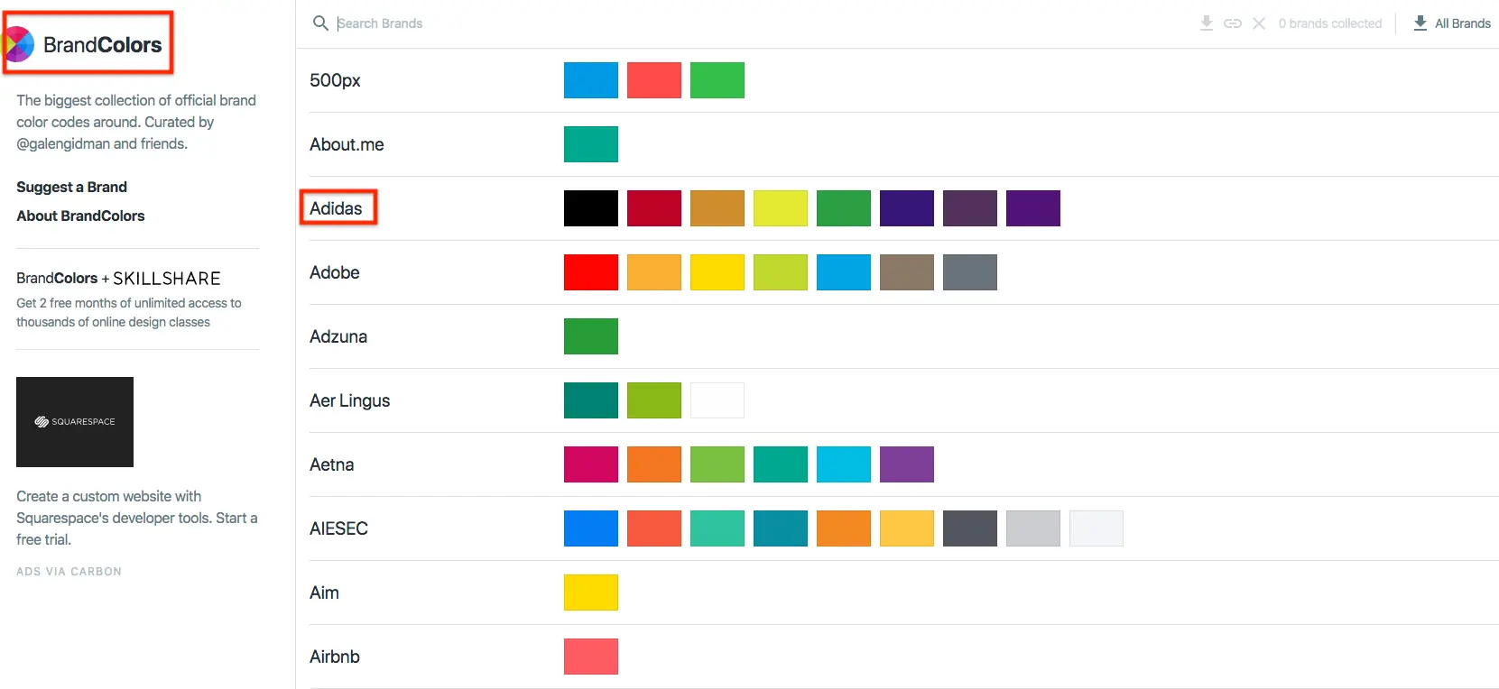 BrandColors 網站上的品牌官方色碼列表