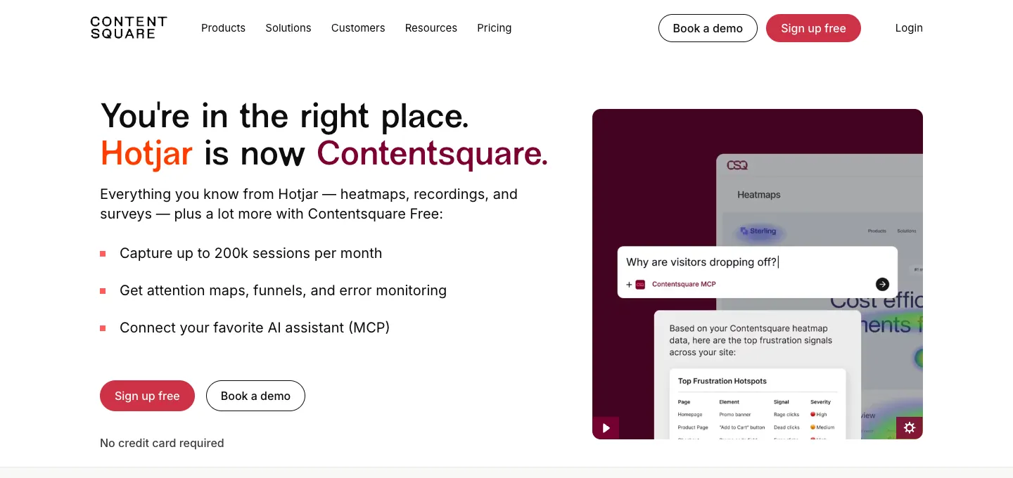 Hotjar 註冊與設定教學:改用 Contentsquare 安裝到 WordPress 1 打開 hotjar.com 會轉到 Contentsquare 頁面,標題寫著 Hotjar is now Contentsquare,免費方案每月可擷取 20 萬個工作階段