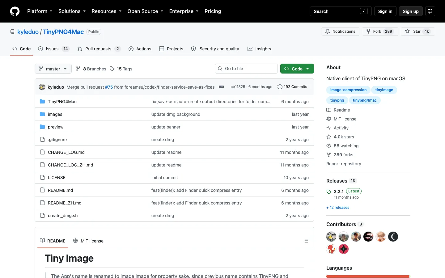 TinyPNG 教學:線上壓縮 PNG、JPG、WebP 不失真,免費一次 20 張 5 Tiny Image(原 TinyPNG4Mac)的 GitHub 頁面,右側 Releases 顯示最新版 2.2.1,說明文件標題為 Tiny Image