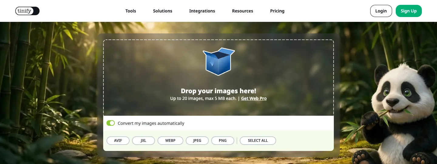 TinyPNG 教學:線上壓縮 PNG、JPG、WebP 不失真,免費一次 20 張 3 打開 Convert my images automatically 後,下方出現 AVIF、JXL、WEBP、JPEG、PNG 與 SELECT ALL 選項