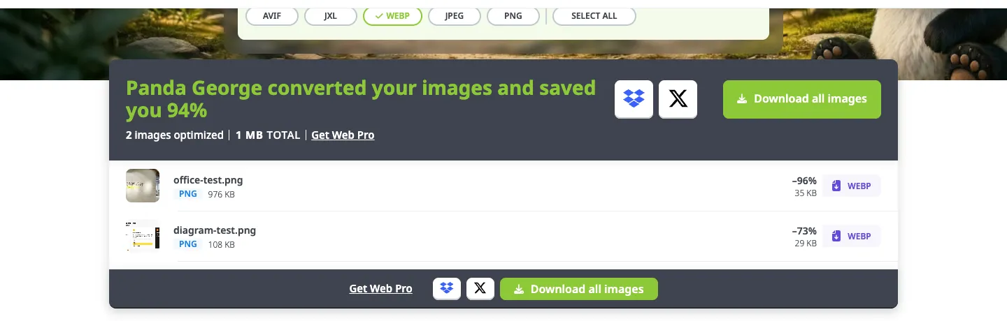 TinyPNG 教學:線上壓縮 PNG、JPG、WebP 不失真,免費一次 20 張 4 TinyPNG 轉成 WebP 的結果,office-test.png 從 976 KB 變成 35 KB 的 WebP,diagram-test.png 從 108 KB 變成 29 KB 的 WebP