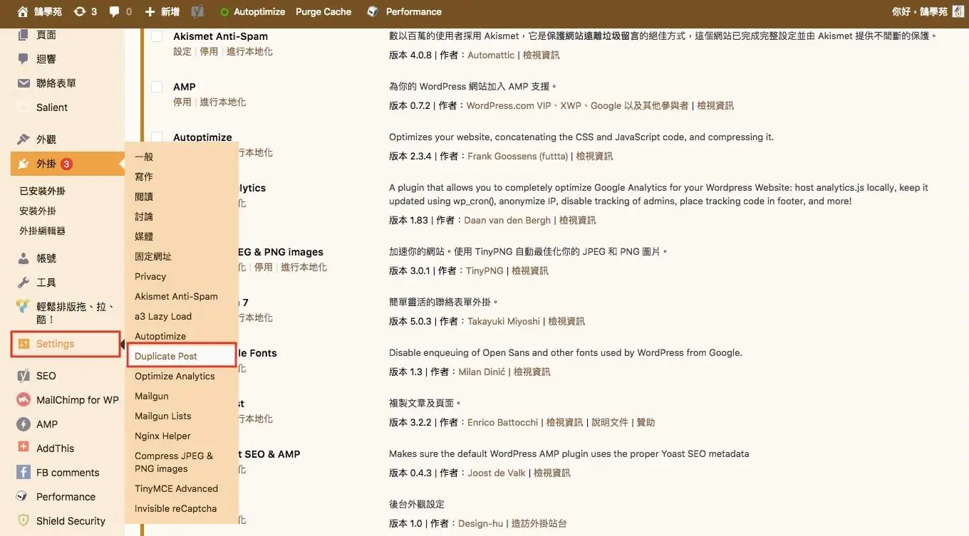 WordPress 複製頁面教學:Duplicate Post 外掛一鍵複製文章與頁面 3 舊版 WordPress 後台 Settings 選單中的 Duplicate Post 設定