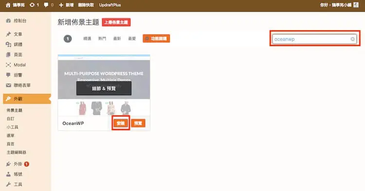 OceanWP 主題教學:免費 WordPress 佈景主題安裝與範本匯入 10 搜尋 OceanWP 並點選安裝