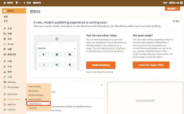 OceanWP 主題教學:免費 WordPress 佈景主題安裝與範本匯入 13 舊版 Theme Panel 中的 Install Demos 選項