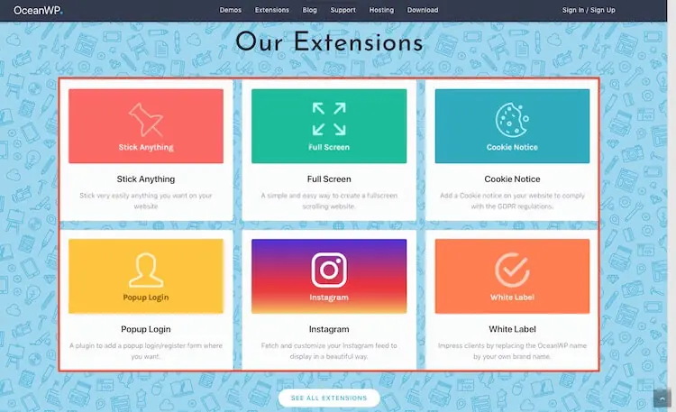 OceanWP 主題教學:免費 WordPress 佈景主題安裝與範本匯入 5 OceanWP 官網列出的各種擴充外掛