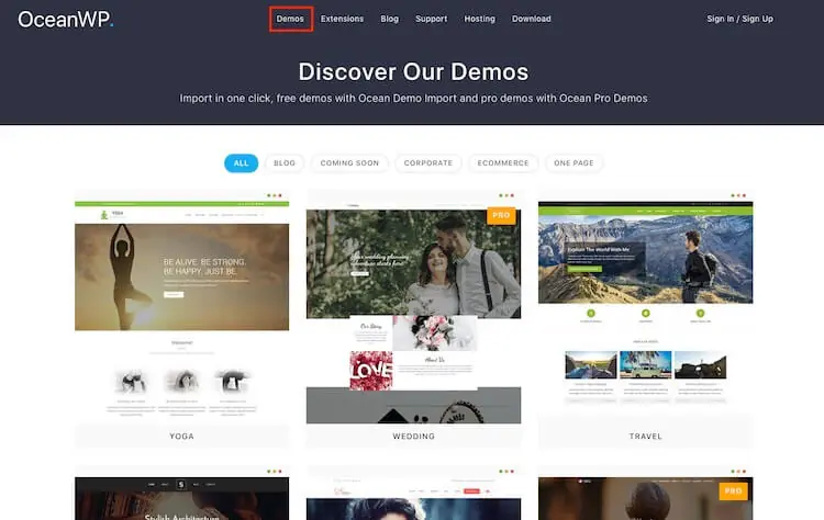 OceanWP 主題教學:免費 WordPress 佈景主題安裝與範本匯入 6 2018 年 OceanWP 官網的 Demo 範本頁