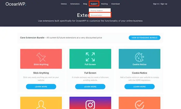 OceanWP 主題教學:免費 WordPress 佈景主題安裝與範本匯入 7 OceanWP 官方說明文件首頁(舊版畫面)