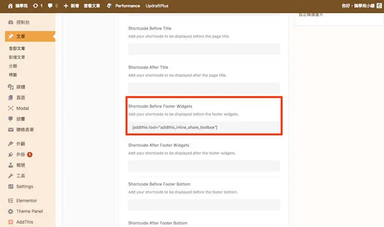 WordPress Shortcode 教學:短代碼是什麼、貼在哪裡與常用外掛 8 在 OceanWP 的頁尾小工具之前欄位貼上短代碼
