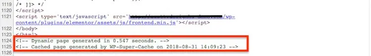 WP Super Cache 設定教學:WordPress 快取建議設定與預先載入 17 網頁原始碼最下方,紅框標示 Cached page generated by WP-Super-Cache 的註解